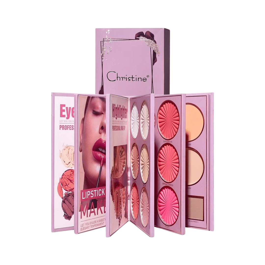 دفتر باليت مكياج متكامل كرستين 5 في 1 | Christine 5 in 1 Palate Notebook Eye Shadow+ Illuminater + Blush + Lipstick - Barbie.phar