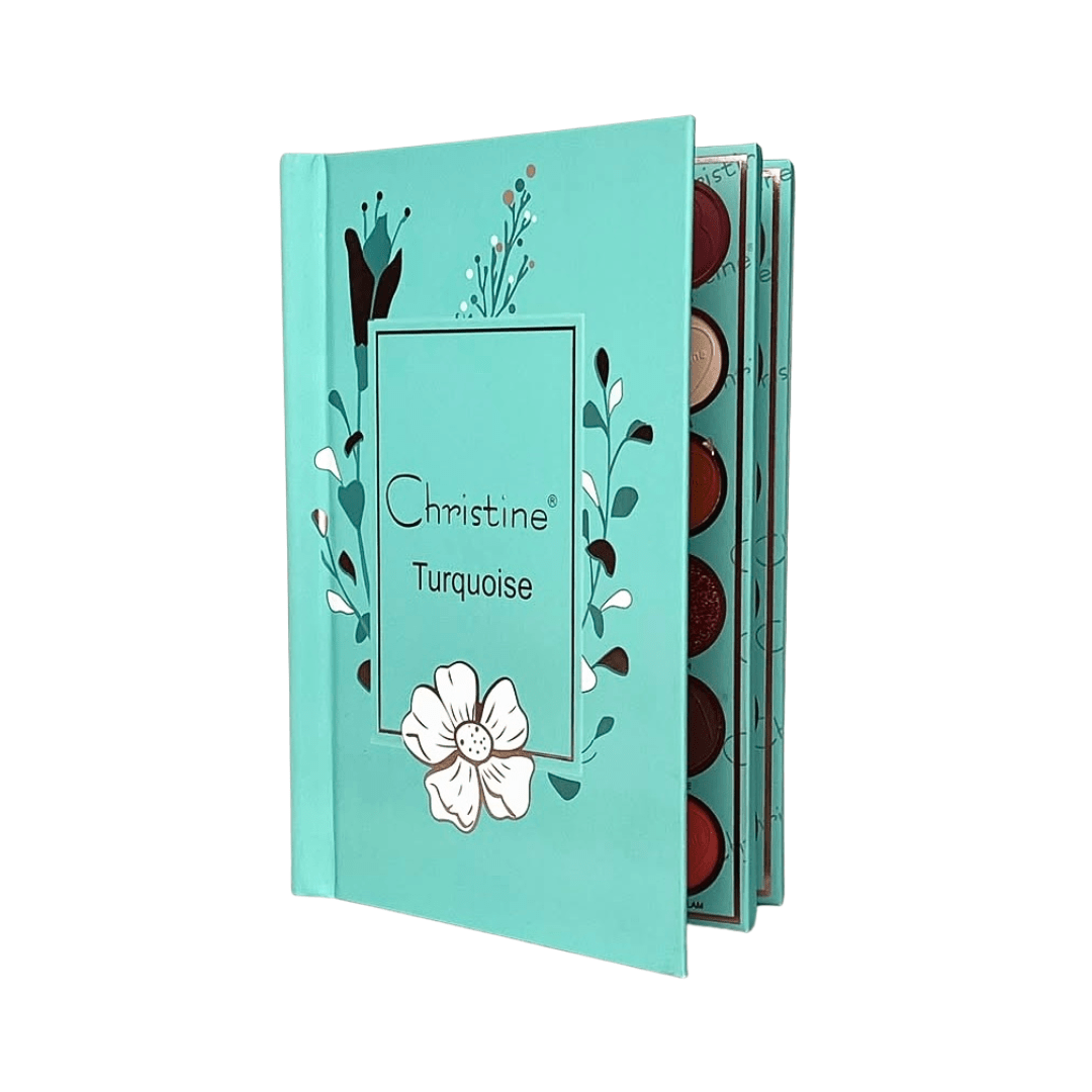 دفتر باليت مكياج تركواز كرستين | Christine Turquoise 5 in 1 Palette Notebook Eye Shadow + Highlighter + Lipstick + Blush + Concealer - Barbie.phar
