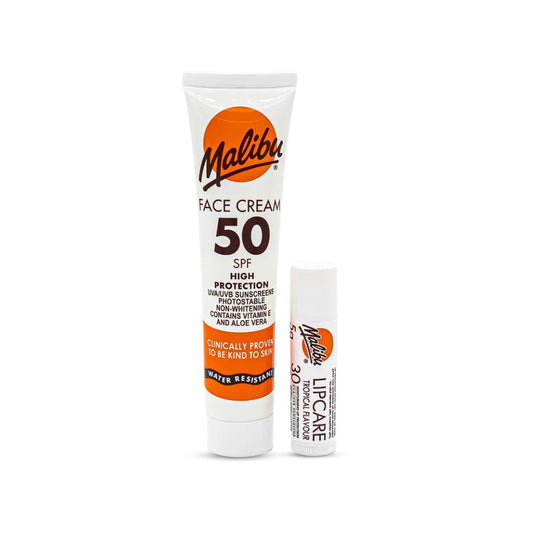 واقي شمس ماليبو مع مرطب للشفاه | Malibu Face Cream Spf50 and Lip Care Balm Spf30 - Barbie.phar